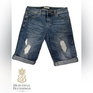 Girls’ Tween DistressedCopper Key Dark Blue Denim Shorts with Rolled Hem Size 14